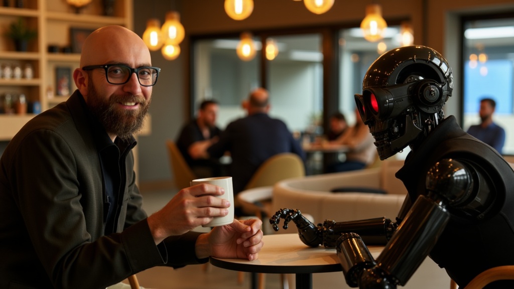 Designer having a meeting with a robot over a cup of coffee